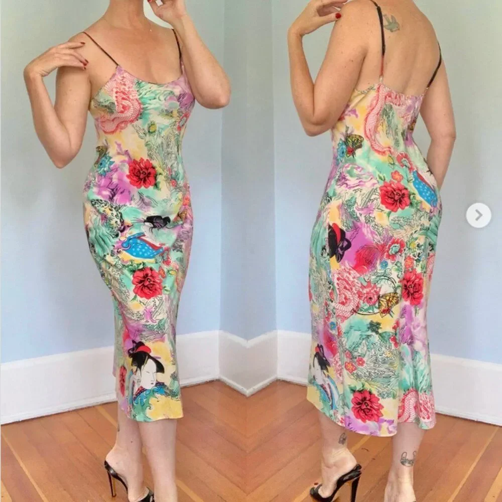 NATORI Iconic vintage GORGEOUS bias satin slip dress nightgown Geisha dragon S